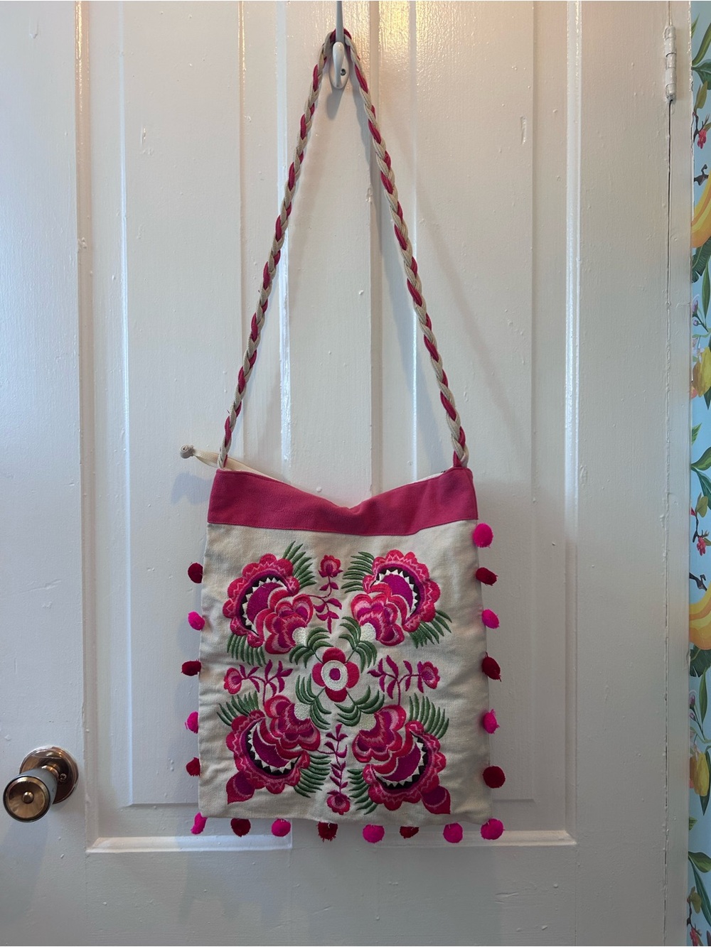 Wayan Natural Wear Embroidered Floral Boho Hobo Bag Canvas Tote Pompoms Pink